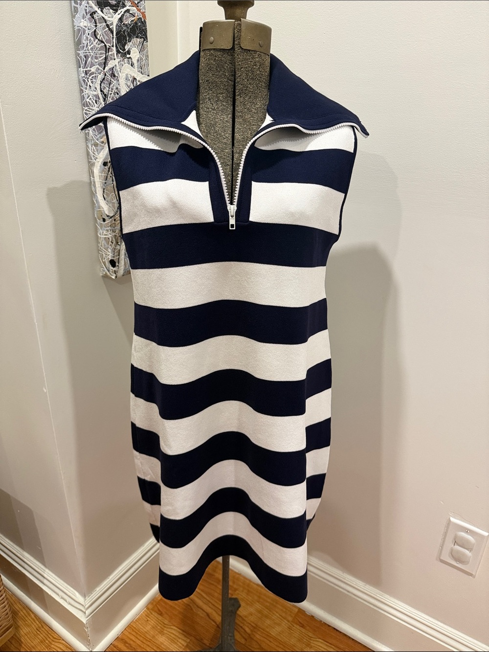 Zara Navy and White Striped Zip-Front Crewneck Dress